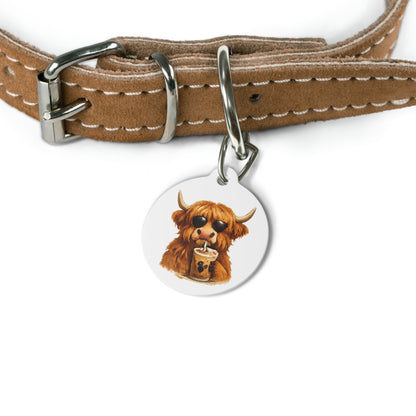 Cute Highland Cow Drinking Bubble Tea Collar ID Tag