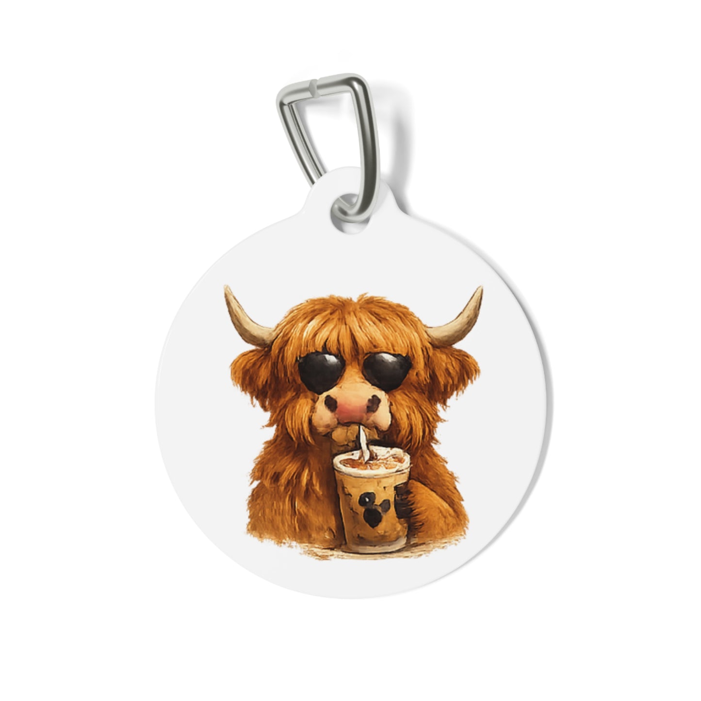 Cute Highland Cow Drinking Bubble Tea Collar ID Tag