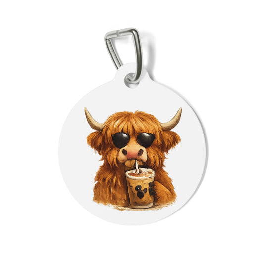 Cute Highland Cow Drinking Bubble Tea Collar ID Tag