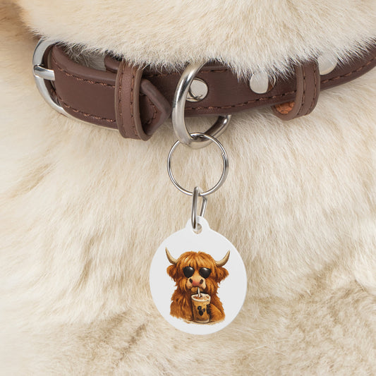 Cute Highland Cow Drinking Bubble Tea Collar ID Tag